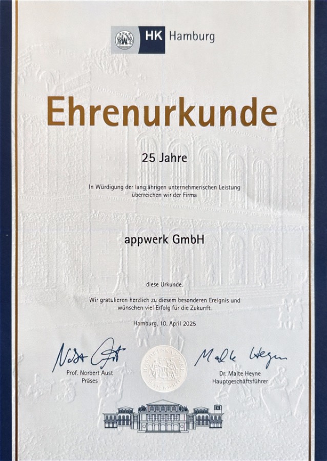 Ehrenurkunde der Handelskammer Hamburg für 25 Jahre appwerk GmbH